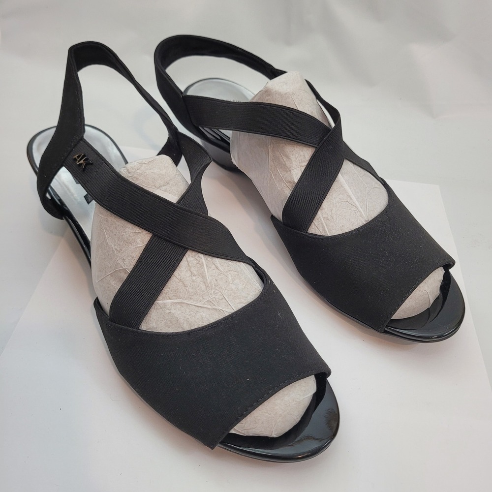 Anne Klein Sport AKMEME Wedge Sandals Womens 11 Black Elastic Straps Slingback